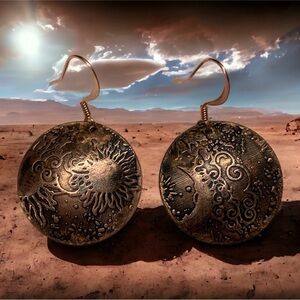 Rolled copper earrings. Celestial themed. Moon and sun.